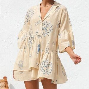 Commense Cream and Blue Graphic Long Sleeve Dress